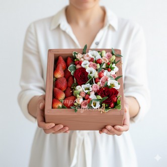 Клубника с цветами в ящичке