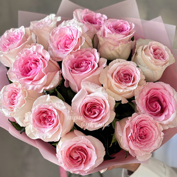 Букет из 15 розовых пионовидных роз (крупный план)